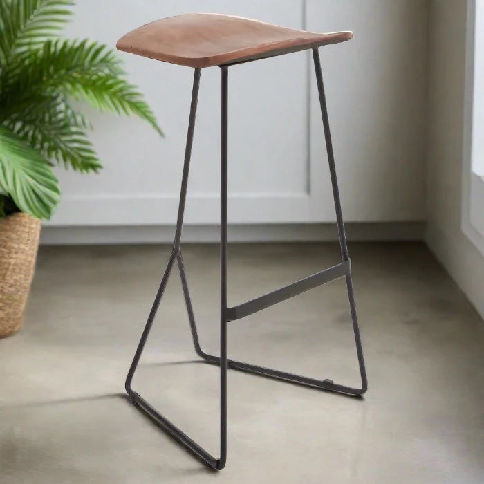 Nandri Bar Stool, Distressed Brown Leather, Black Metal