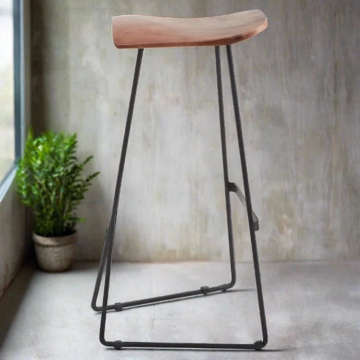 Nandri Bar Stool, Distressed Brown Leather, Black Metal