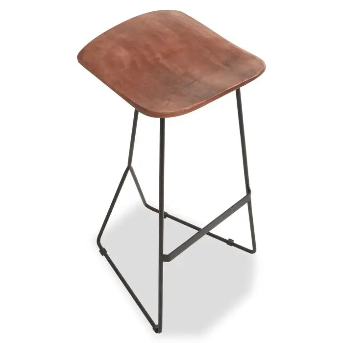 Nandri Bar Stool, Distressed Brown Leather, Black Metal