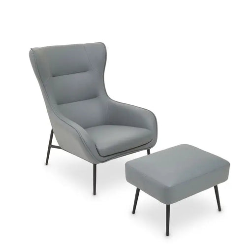 Modern Grey Faux Leather Accent Chair & Ottoman – Black Metal Legs  