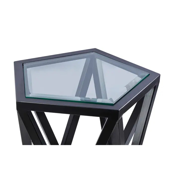 Pentagon Side Table, Black Wooden Frame, Glass Top