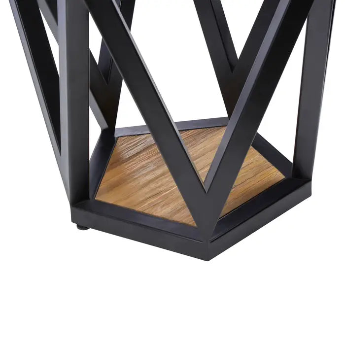 Pentagon Side Table, Black Wooden Frame, Glass Top