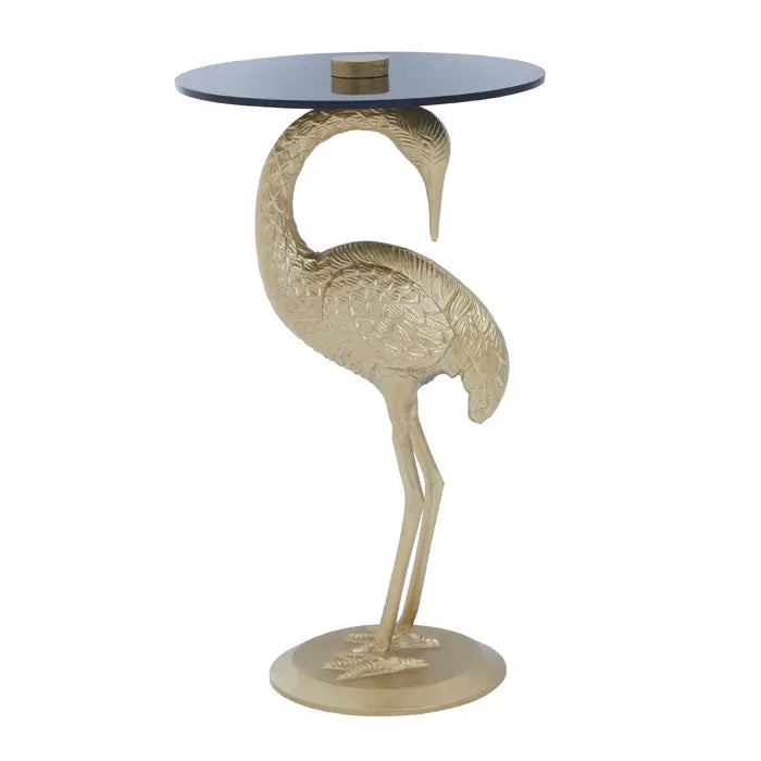 Inventivo Pelican Side Table, Gold Metal, Black Glass Round Top