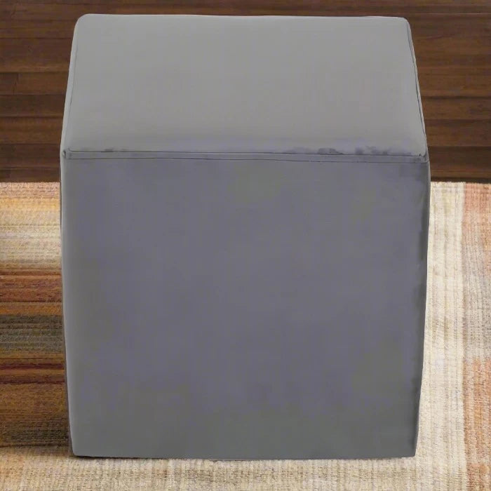 Grey Velvet Upholstered Stool with Square Silver Stainless Steel Base