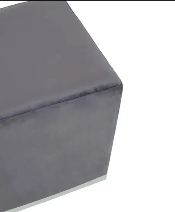 Grey Velvet Upholstered Stool with Square Silver Stainless Steel Base