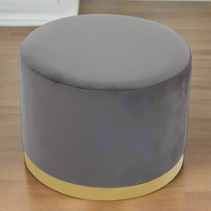 Grey Velvet Stool with Round Gold Stainless Steel Base