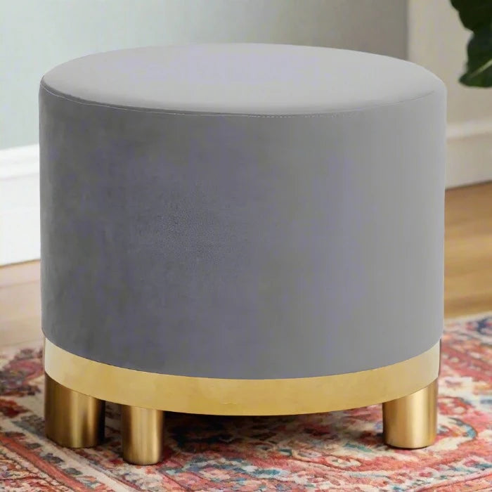 Grey Velvet Stool with Round Gold Stainless Steel Base