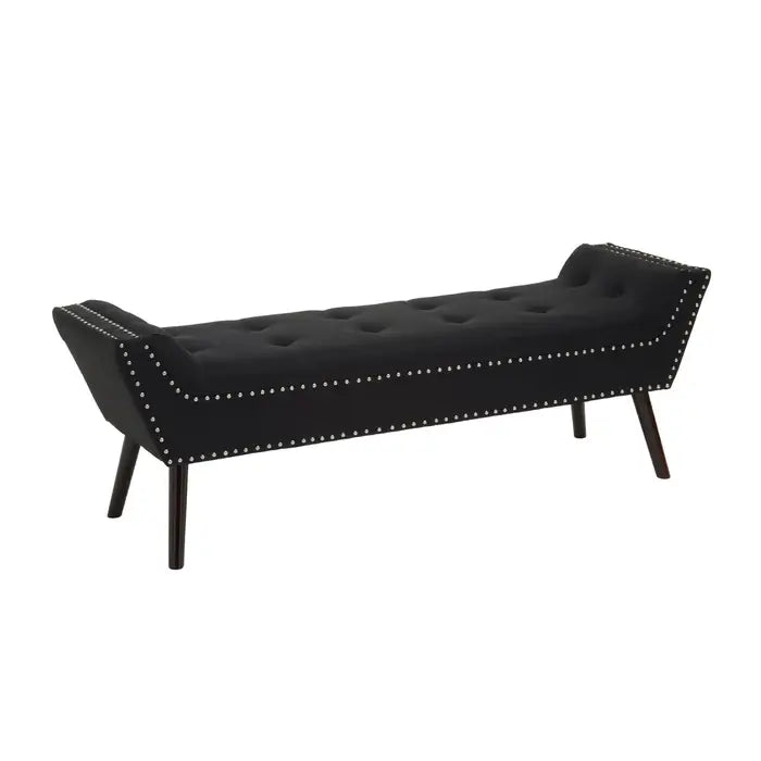 Wilton Black Fabric Bench, Silver Studs, Button Tufted