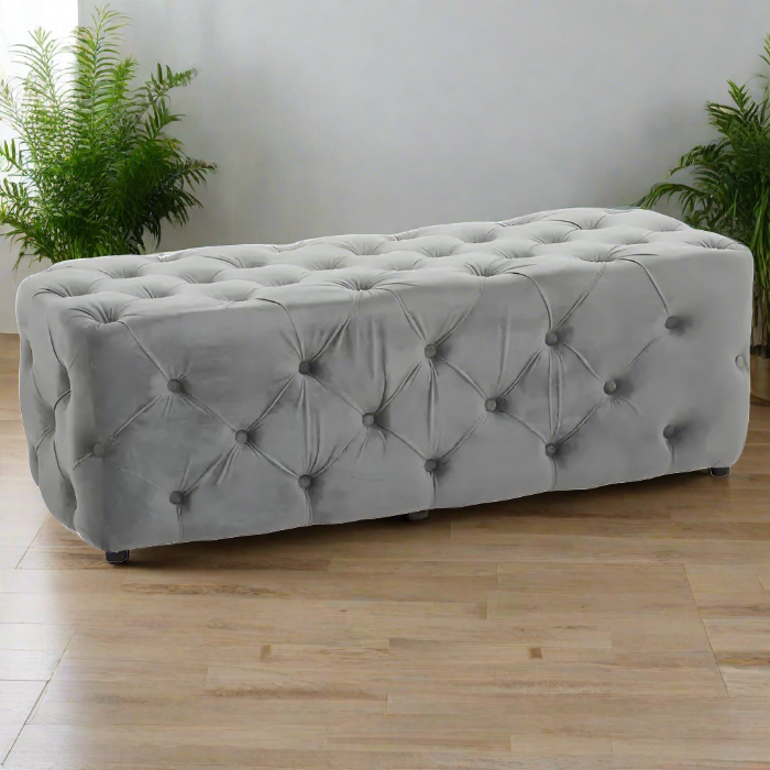 Wilton Grey Velvet Bench, Button Tufted