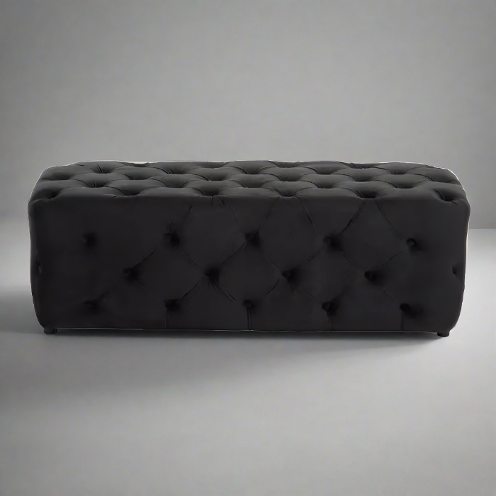 Wilton Black Velvet Bench, Button Tufted