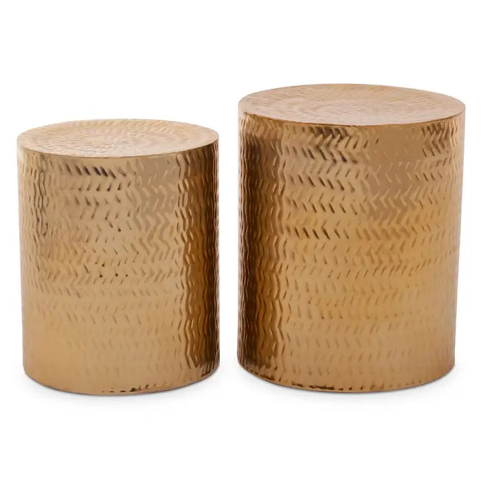 Handcrafted Set of Two Iron Stools with Diagonal Indentations and Warm Metallic Finish