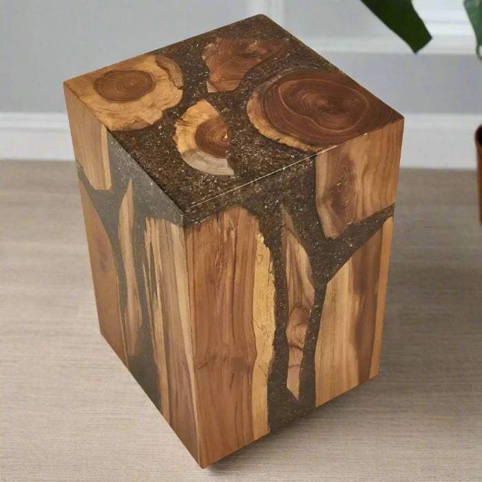 Handcrafted Teak Wood Stool with Natural Organic Textures