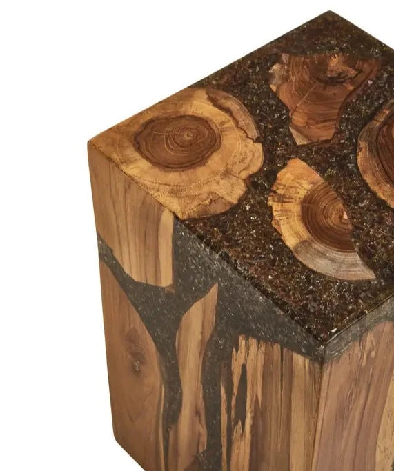 Handcrafted Teak Wood Stool with Natural Organic Textures