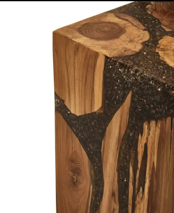 Handcrafted Teak Wood Stool with Natural Organic Textures