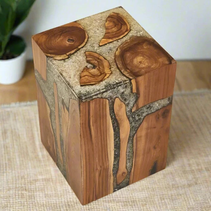 Handcrafted Teak Wood Stool with Burnt Wood Effect