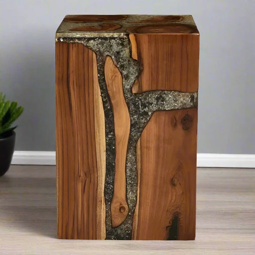 Handcrafted Teak Wood Stool with Burnt Wood Effect