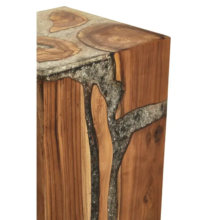 Handcrafted Teak Wood Stool with Burnt Wood Effect