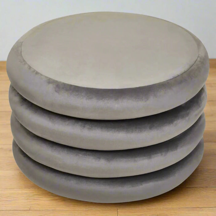 Contemporary Grey Velvet & Pine Round Footstool / Pouffe