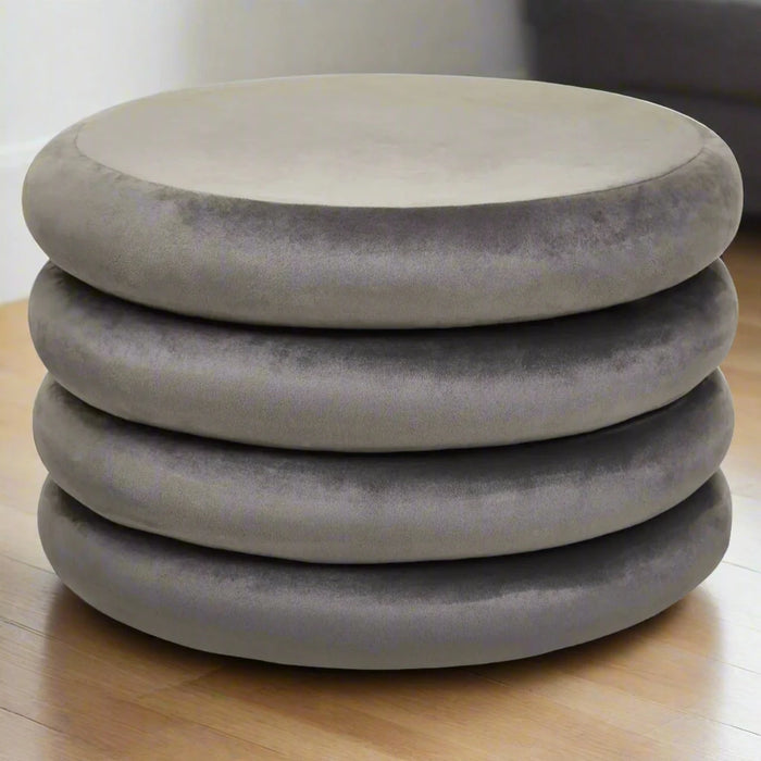 Contemporary Grey Velvet & Pine Round Footstool / Pouffe