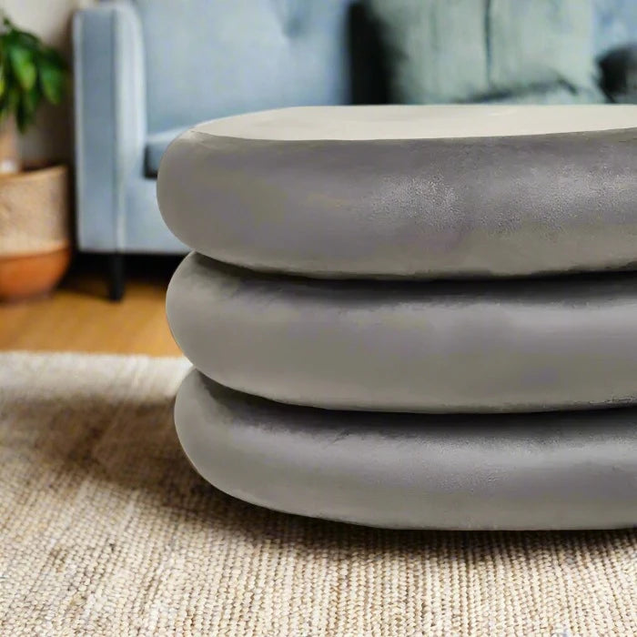 Contemporary Grey Velvet & Pine Round Footstool / Pouffe