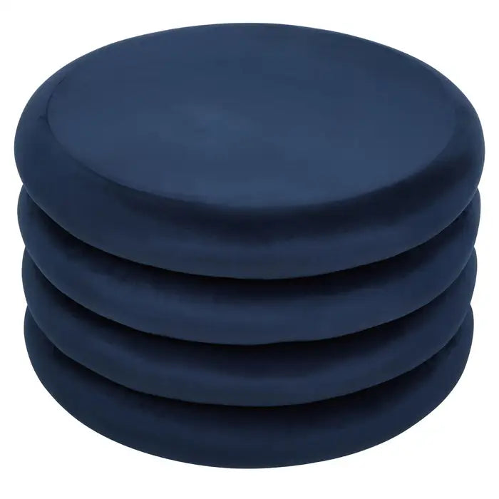 Modern Midnight Blue Velvet & Wood Round Footstool/Pouffe