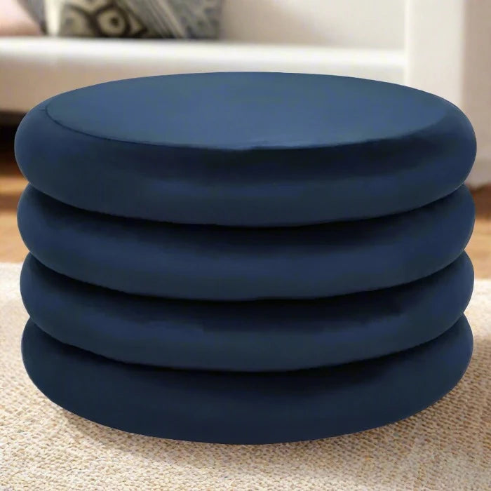 Modern Midnight Blue Velvet & Wood Round Footstool/Pouffe