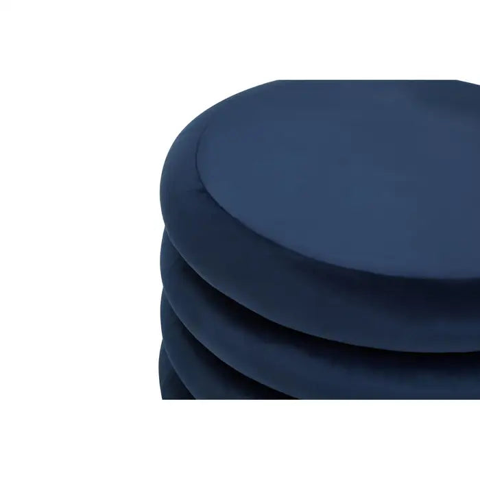 Modern Midnight Blue Velvet & Wood Round Footstool/Pouffe