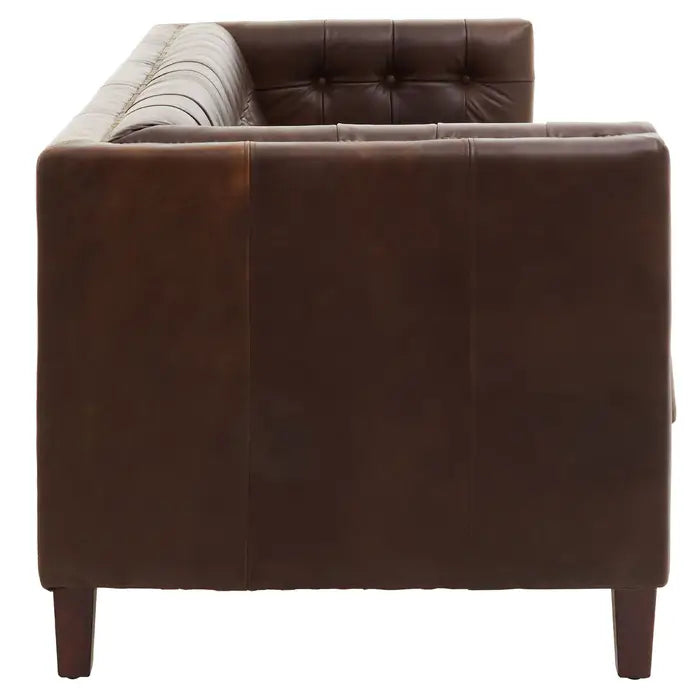 King 3 Seater Sofa, Tufted Brown Leather, Oak Wood Legs, Foam-Padded