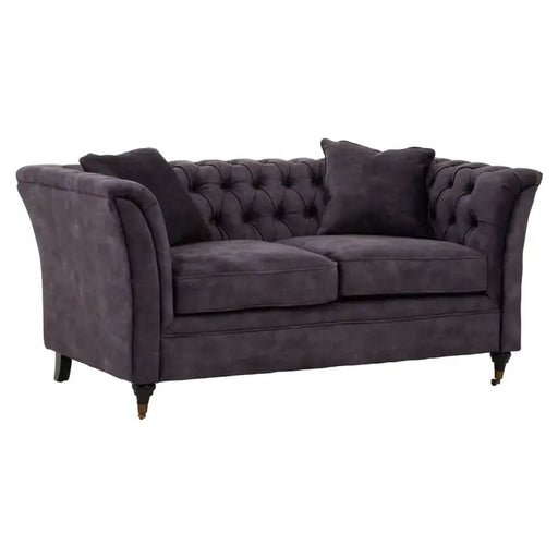 Sabrina 2 Seater Sofa, Grey Velvet, Cushions, Button Tufted, Castor Wheels