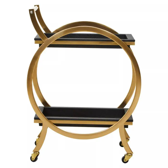 Cardoba Serving Trolley, two rectangular tiers, Circular Frame, Black & Gold