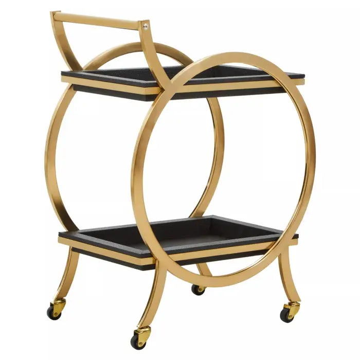 Cardoba Serving Trolley, two rectangular tiers, Circular Frame, Black & Gold