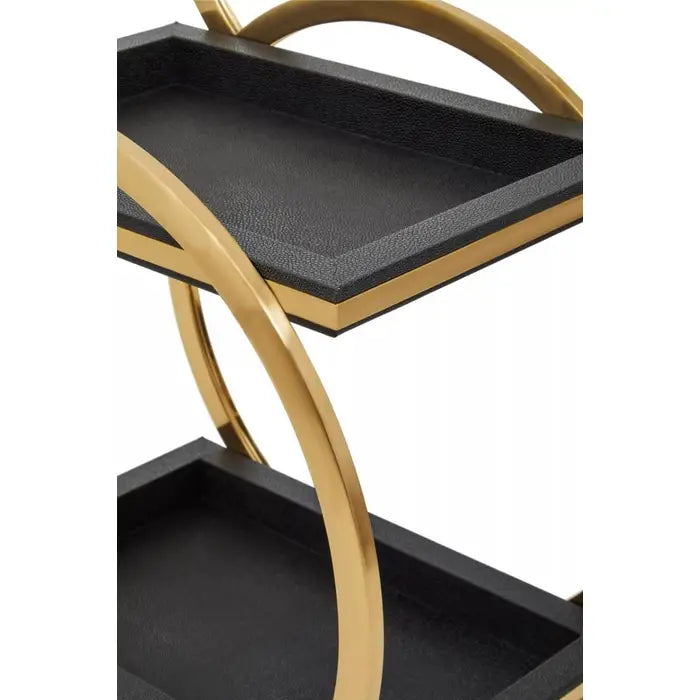 Cardoba Serving Trolley, two rectangular tiers, Circular Frame, Black & Gold