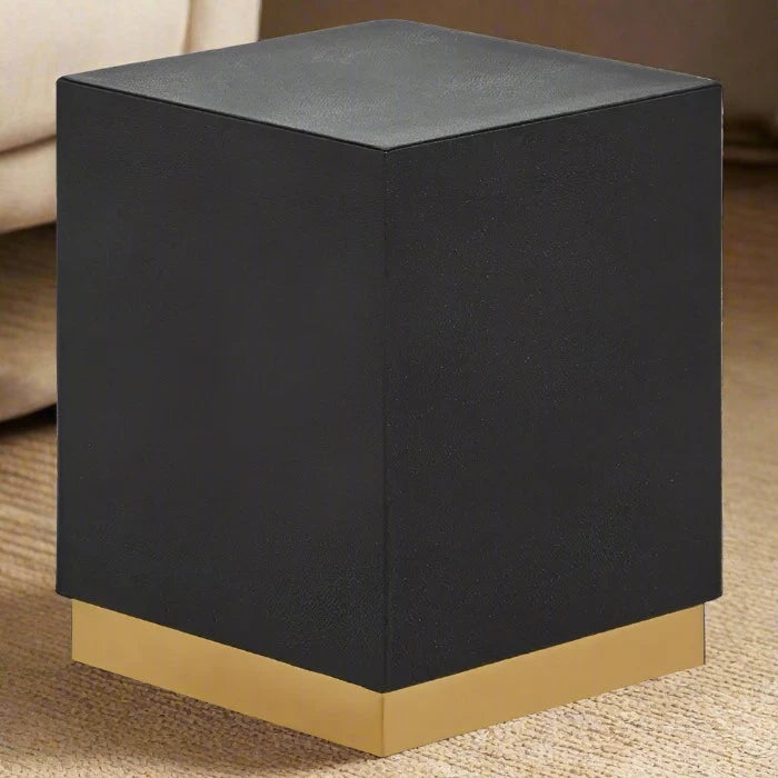 Luxe Black Shagreen Leather Stool with Gold Base