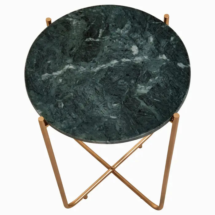 Mandoli Side Table, Gold Metal Frame, Green Round Marble Top