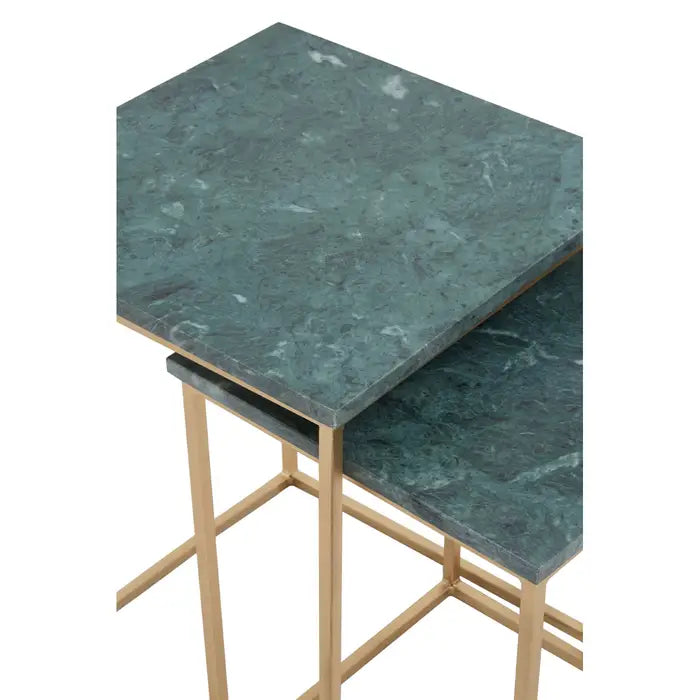 Mandoli Nest Side Tables, Gold Metal Frame, Green Marble Top, Set Of 2