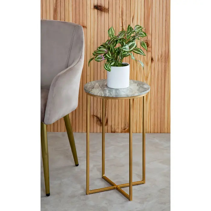 Mandoli Side Table, Gold Metal Frame, White Marble Top