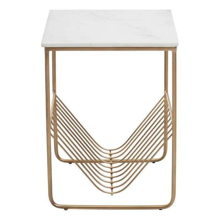 Mandoli  Side Table, Gold Metal Frame Rack, White Marble Top