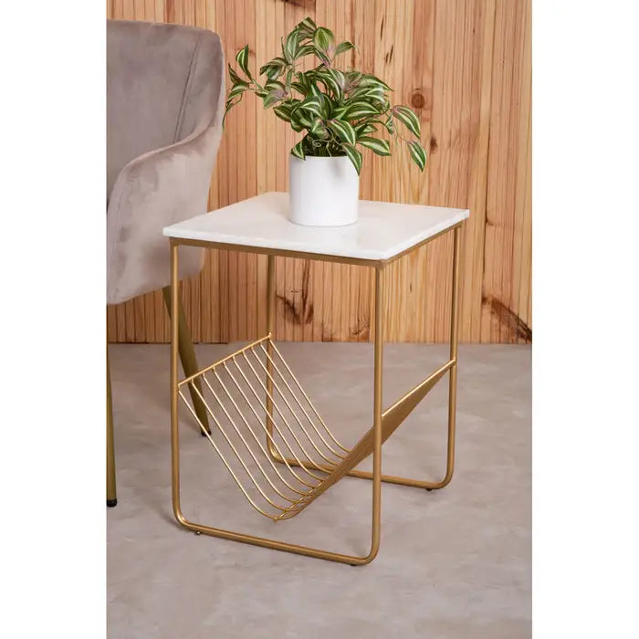 Mandoli  Side Table, Gold Metal Frame Rack, White Marble Top