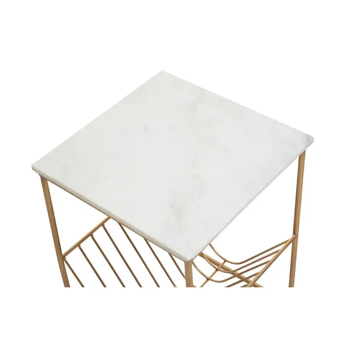 Mandoli  Side Table, Gold Metal Frame Rack, White Marble Top