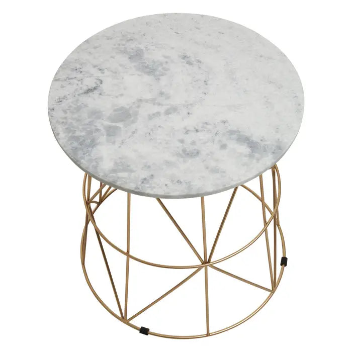 Mandoli Side Table, Gold Metal Frame, White Marble Top