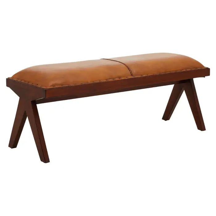 Metro Indoor Bench, Smooth Tan Leather, Brown Teak Legs