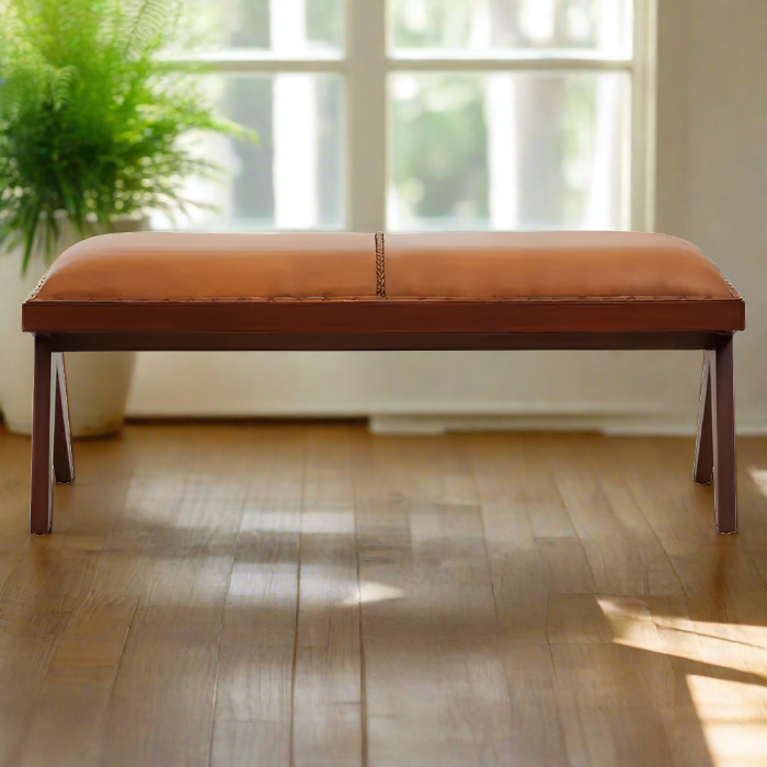 Metro Indoor Bench, Smooth Tan Leather, Brown Teak Legs