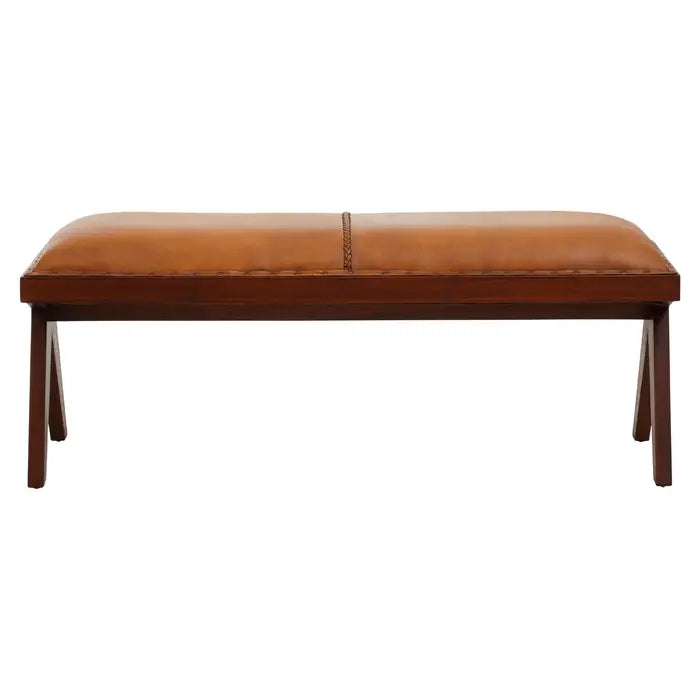 Metro Indoor Bench, Smooth Tan Leather, Brown Teak Legs