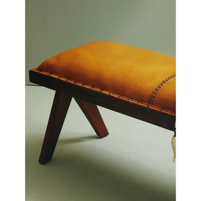 Metro Indoor Bench, Smooth Tan Leather, Brown Teak Legs