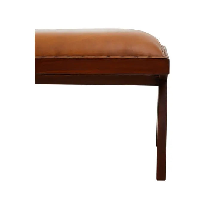 Metro Indoor Bench, Smooth Tan Leather, Brown Teak Legs