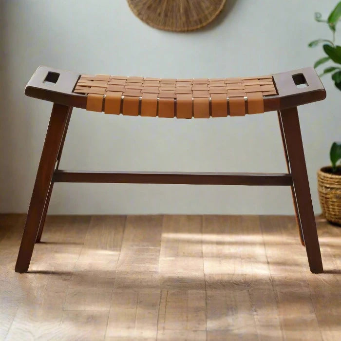 Mid-Century Teak Wood & Hand-Woven Tan Leather Stool/Bench