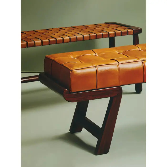 Metro Indoor Bench, Tan Button Tufted Leather, Brown Cedarwood Frame