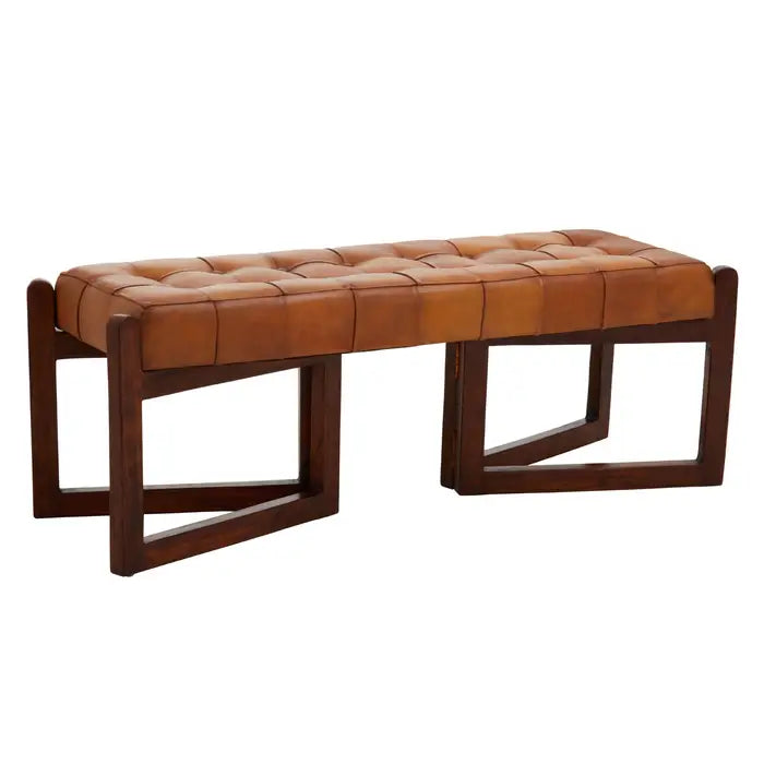 Metro Indoor Bench, Button Tufted Tan Leather, Brown Cedarwood Triangular Frame