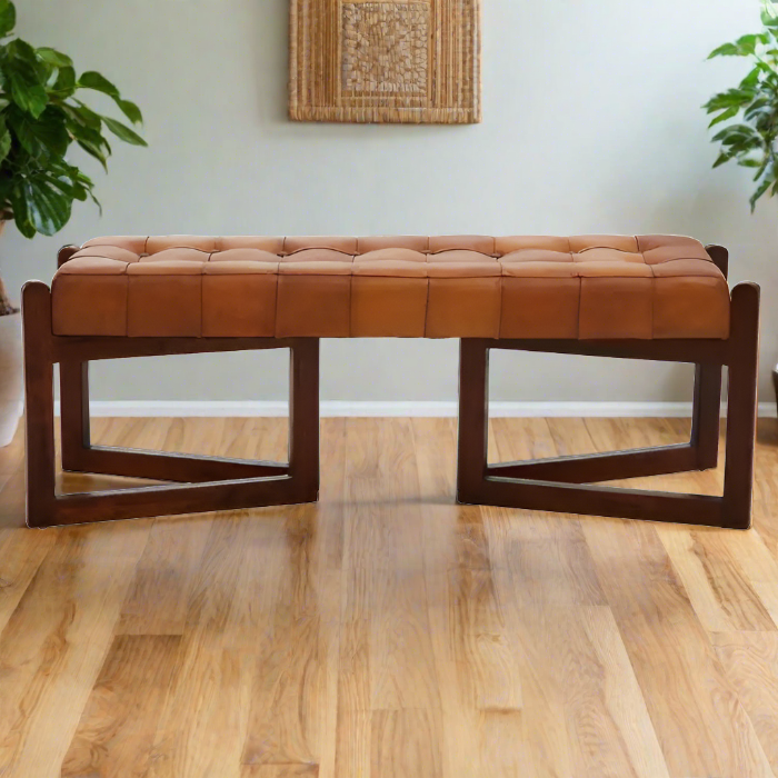 Metro Indoor Bench, Button Tufted Tan Leather, Brown Cedarwood Triangular Frame