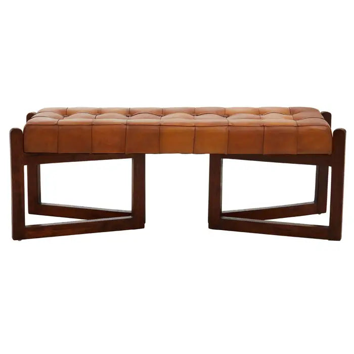 Metro Indoor Bench, Button Tufted Tan Leather, Brown Cedarwood Triangular Frame